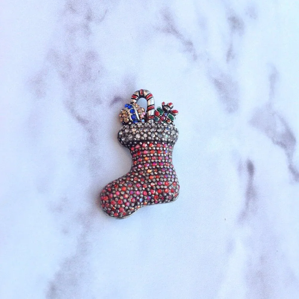 Lia Sophia Pave Crystal CHRISTMAS BROOCH Stocking w Candy + Gifts